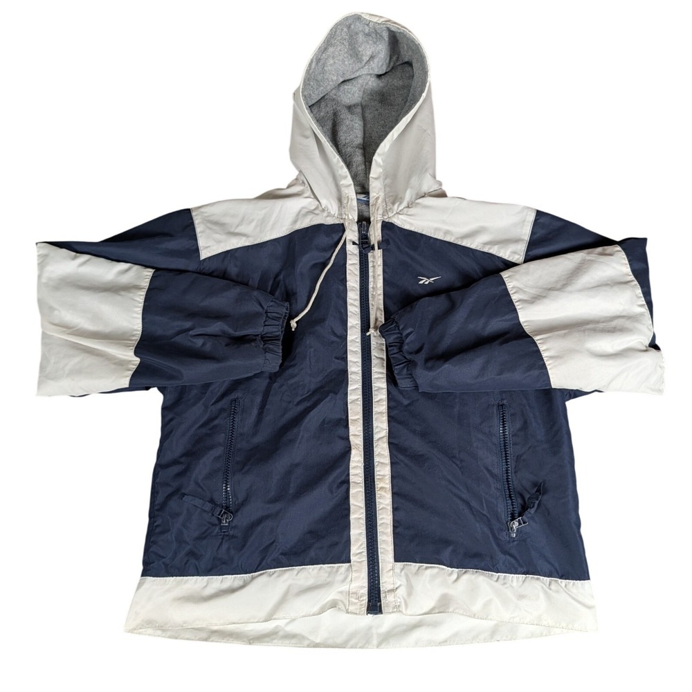 Reebok Vintage Navy White Colorblock Fleece Lined Hooded‎ Windbreaker Jacket S